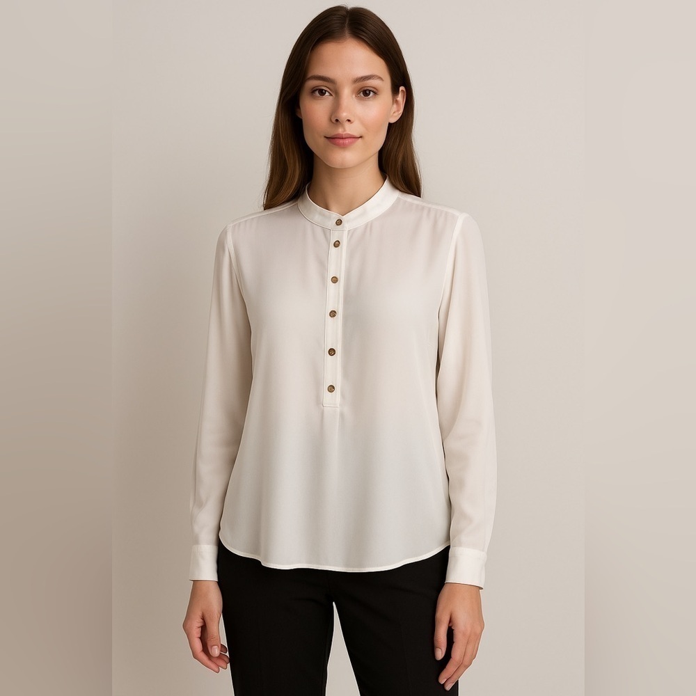 Tommy Hilfiger classy gold button sheer pullover blouse lined long sleeve. M